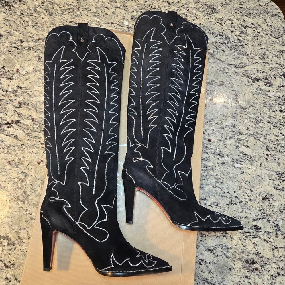 NEW Christian Louboutin Santia Botta Strass Black Heeled Boots Size 37.5